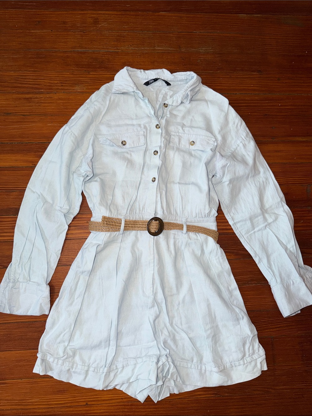 Zara Light Wash Linen Romper with Woven Belt Size XS